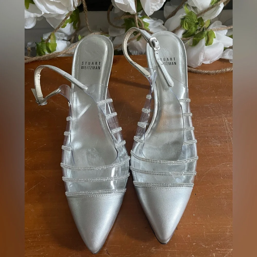 Stuart Weitzman Silver Crystal Heels Size 9.5 - Picture 2 of 7